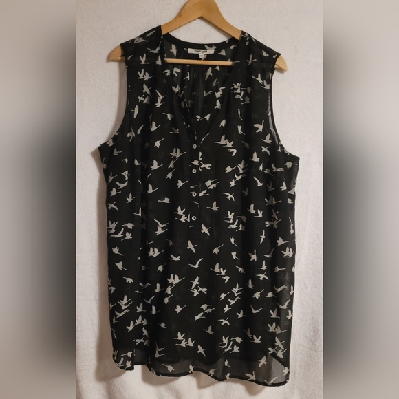 Daniel Rainn Black and White Bird Print Sheer Sleeveless Blouse - Picture 1 of 7